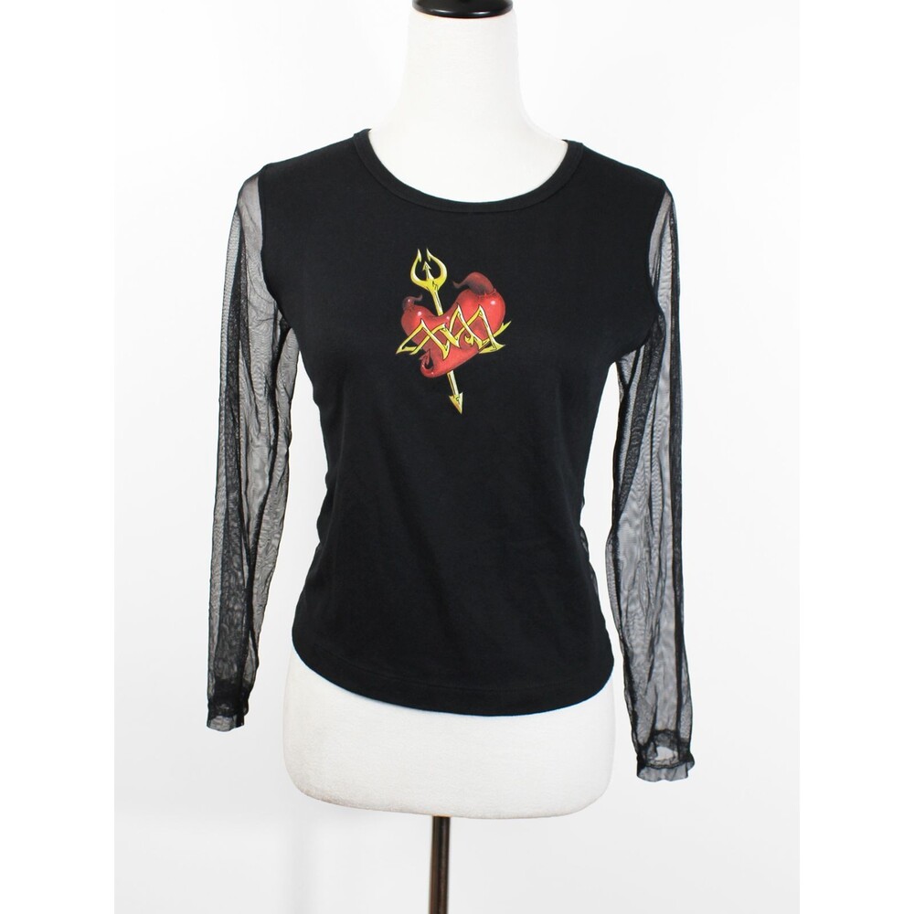 She Devil Size Large Black Mesh 90s Y2K Heart Pitchfork Baby Tee